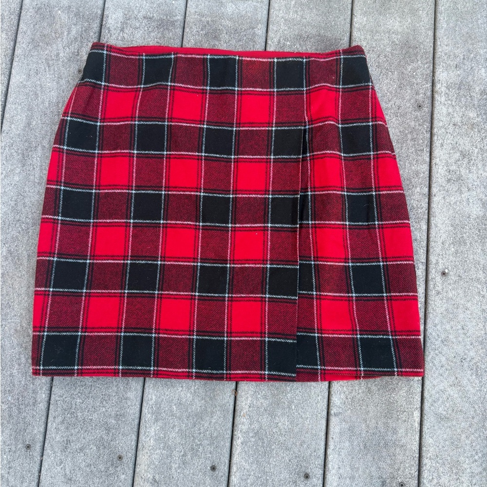 Talbots wool blend red plaid mock wrap above the knee pencil skirt 16P NWT
